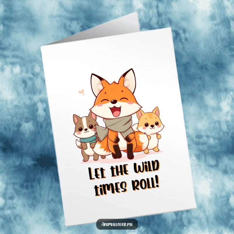 Funny Free Printable Birthday Card: Enthusiastic fox in scarf leads animal parade, a joyous and comical birthday celebration.