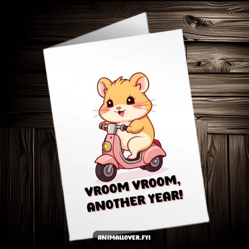 Funny Free Printable birthday card featuring a determined hamster speeding on a tiny scooter, ready to deliver birthday cheer.
