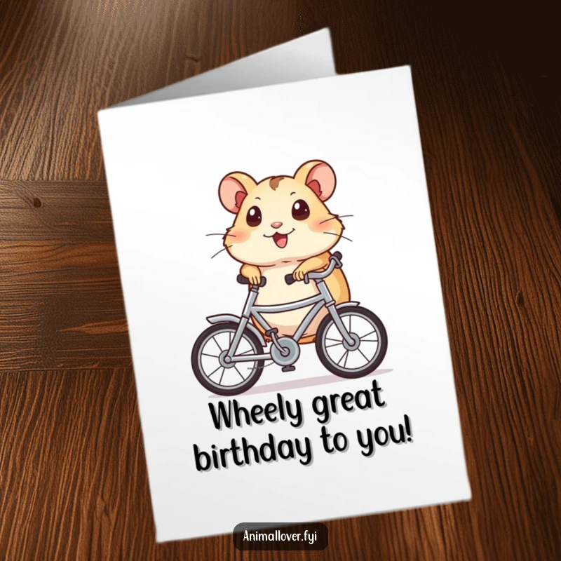 Funny Free Printable Birthday Card: A happy hamster with wide eyes rides a tiny bicycle, celebrating a birthday with glee.