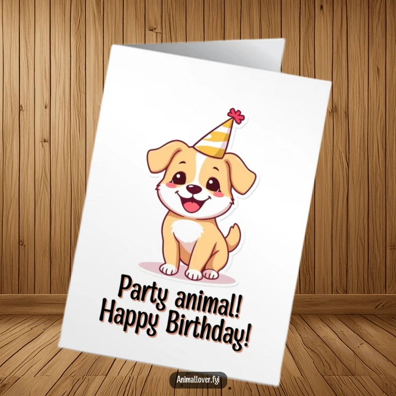 Funny Free Printable Birthday Card: A happy dog wearing a tiny party hat spins around ecstatically.