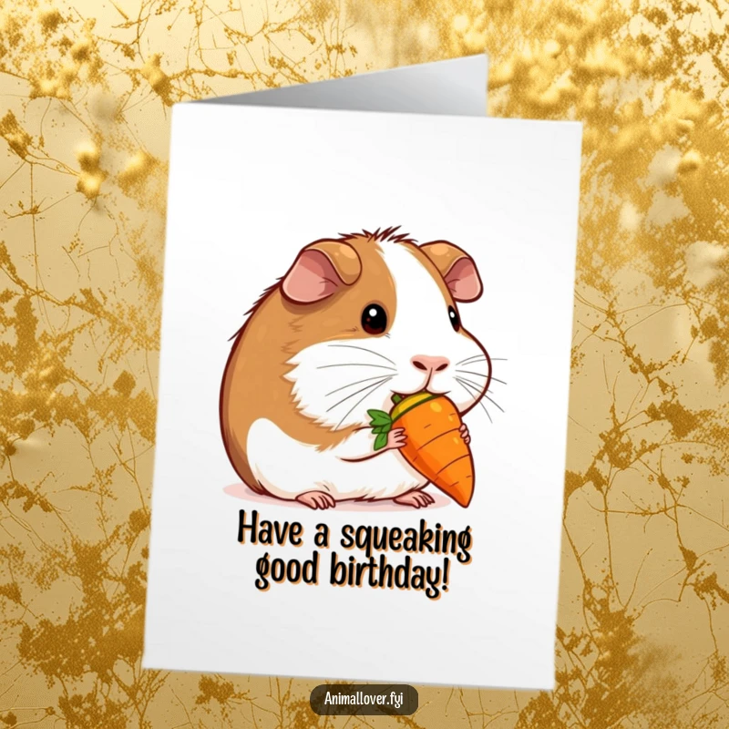 Funny Free Printable Birthday Card: A contented guinea pig happily nibbles on a tiny carrot, celebrating their special day.
