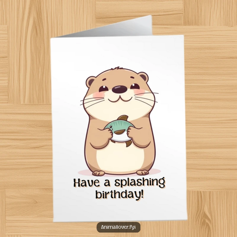 Funny Free Printable Birthday Card: Happy otter skillfully balances a small fish on its nose, celebrating with playful charm, downloadable.