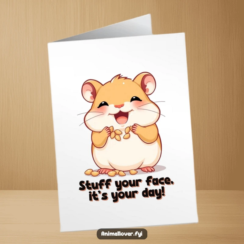 Funny Free Printable Birthday Card: A joyful hamster enthusiastically stuffs its cheeks with tiny seeds.
