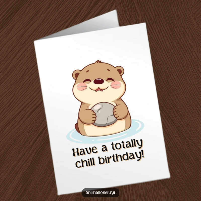 Funny Free Printable Birthday Card: A smiling otter floats serenely on its back, holding a smooth stone for a birthday wish.