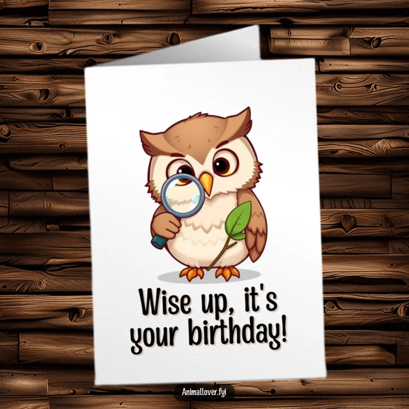 Funny Free Printable Birthday Card: An inquisitive owl peering closely at a leaf through a magnifying glass.