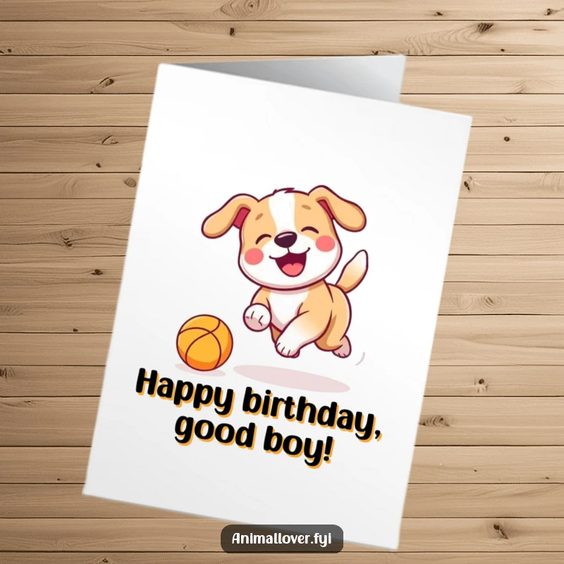 Funny Free Printable Birthday Card: A playful dog cheerfully chasing a bouncing ball with a furiously wagging tail, pure joy, downloadable gift.