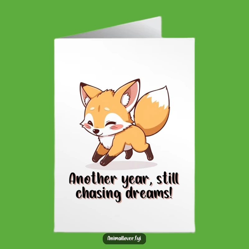 Free Printable Birthday Card: Playful Fox Cub Tail Chase, Funny Downloadable Gift