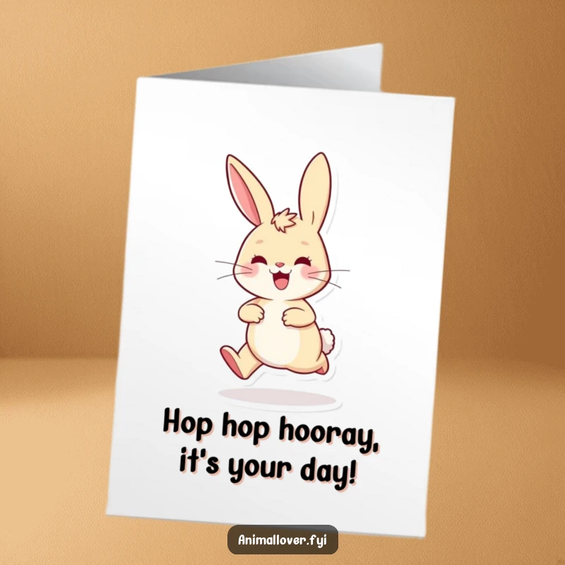 Funny Free Printable Birthday Card: A playful rabbit hops excitedly with its ears perked high in delight.