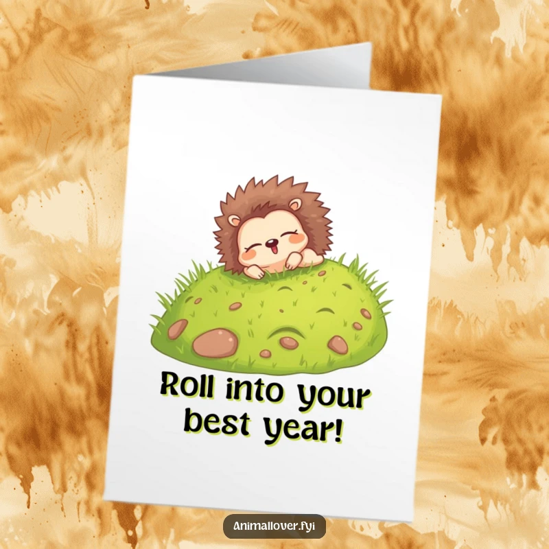 Funny Free Printable Birthday Card: Happy hedgehog rolling down a grassy hill with eyes closed, celebrating a birthday.