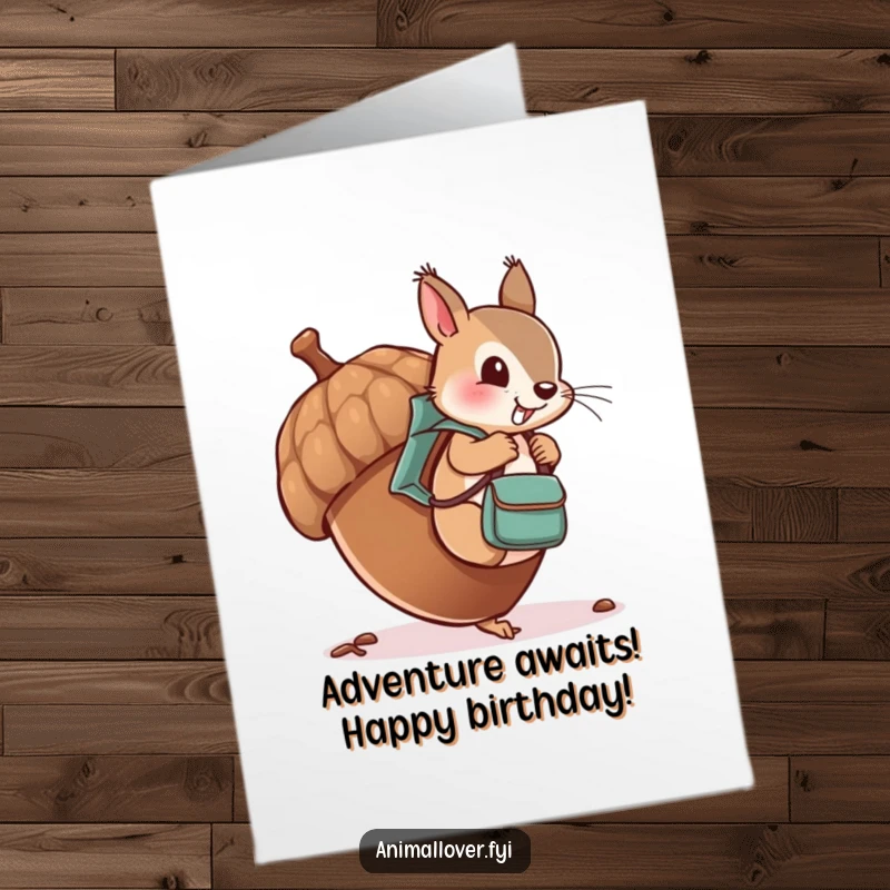 Funny Free Printable Birthday Card featuring a cheeky squirrel with a tiny backpack, climbing an oversized acorn on an adventure.