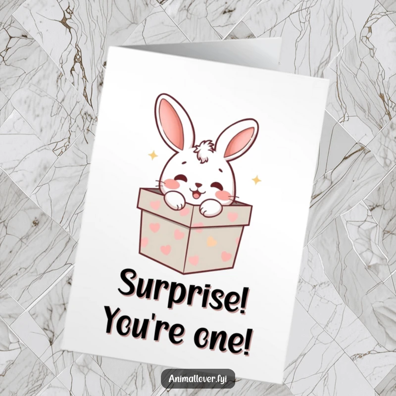 Funny Free Printable birthday card: A happy rabbit with wide eyes peeks joyfully from a slightly ajar gift box, ready to celebrate.