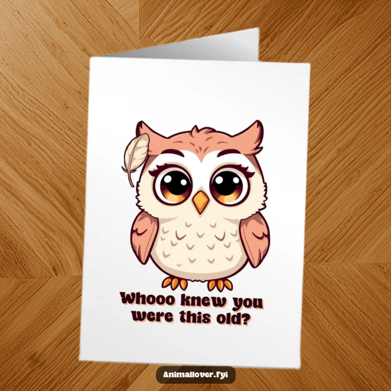 Funny free printable birthday card: A wide-eyed, surprised owl recoils from a floating feather with comical shock.