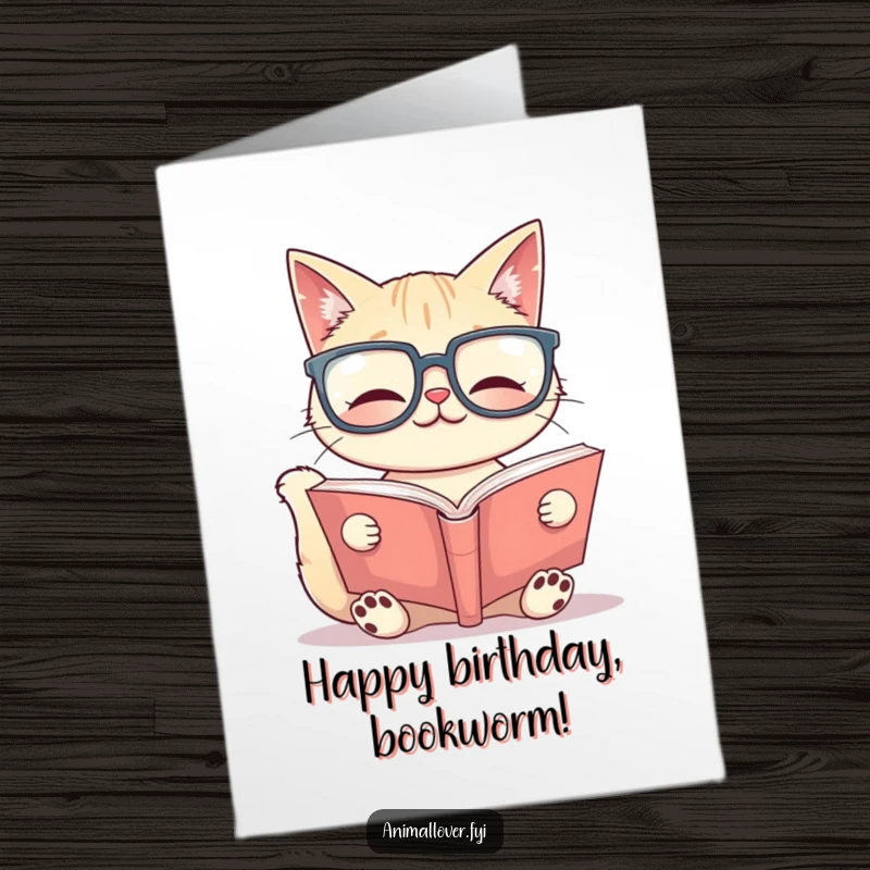 Funny free printable birthday card featuring a smiling cat wearing comically oversized glasses, engrossed in reading a massive book, embodying studious delight.