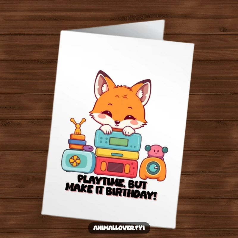 Funny Free Printable Birthday Card featuring a cute fox peeking from behind colorful toys, ready for a playful celebration.