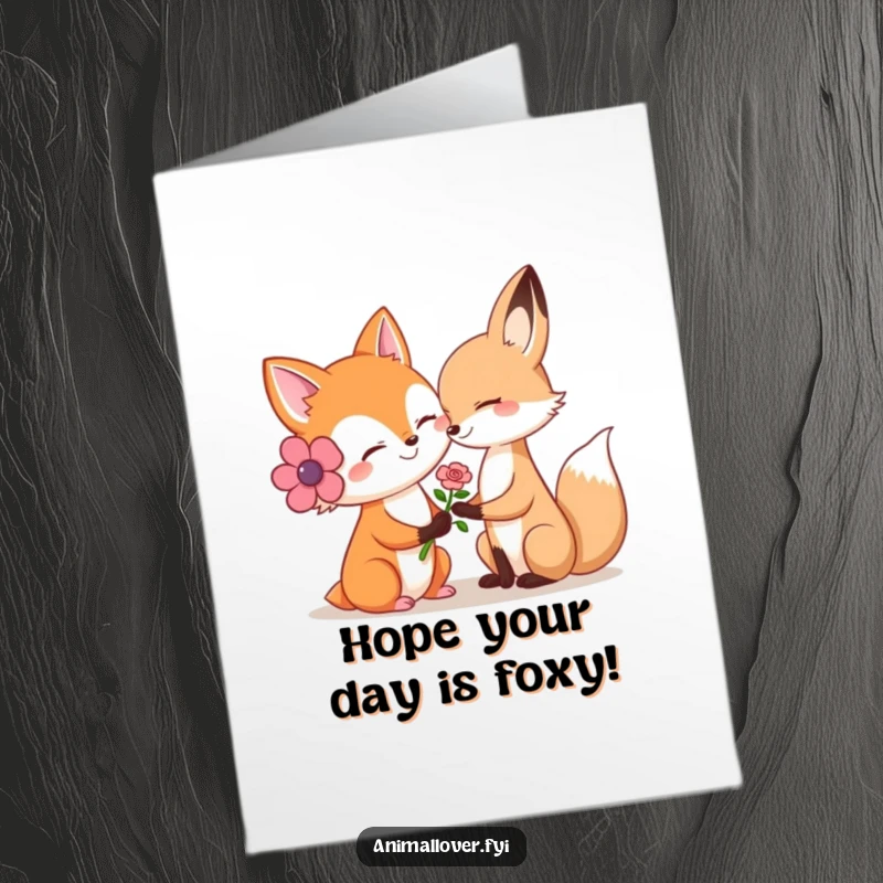 Funny Free Printable Birthday Card: A smiling fox gently offers a beautiful flower to another animal for a birthday.