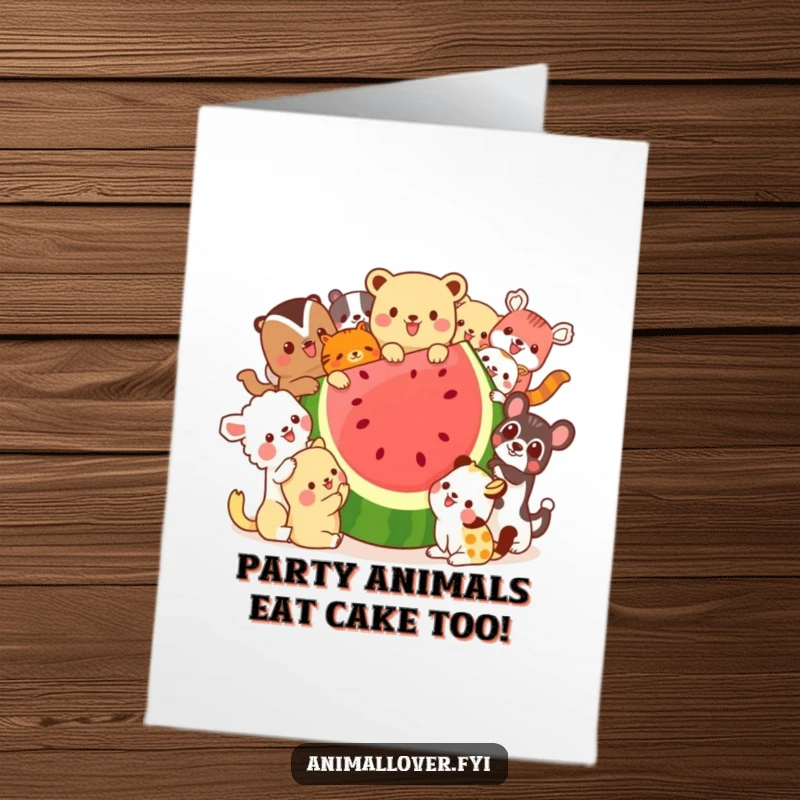 Funny Free Printable Birthday Card: Animals gleefully sharing a giant watermelon slice, embracing summery fun.