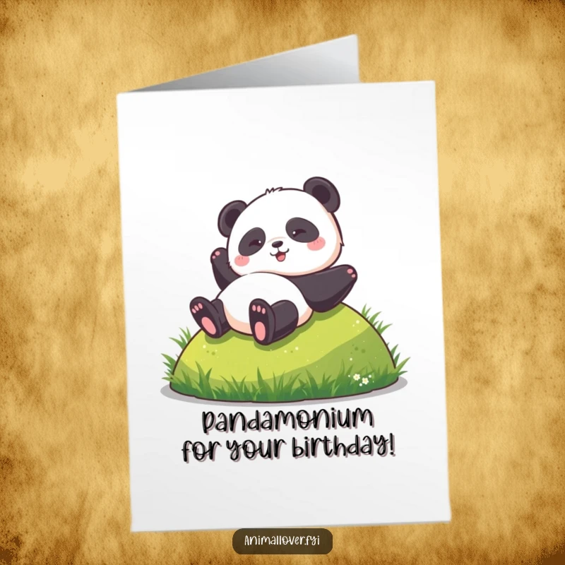 Funny Free Printable Birthday Card: A happy panda playfully rolls down a green grassy hill with pure joy.