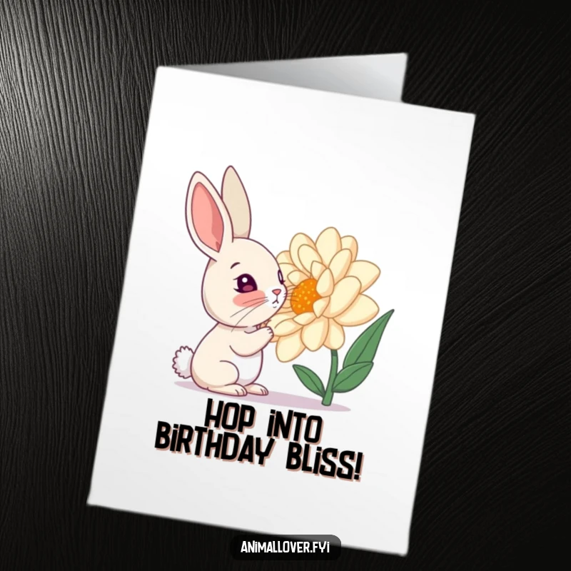 Funny Free Printable Birthday Card: Curious rabbit sniffing a giant, colorful flower with wonder.