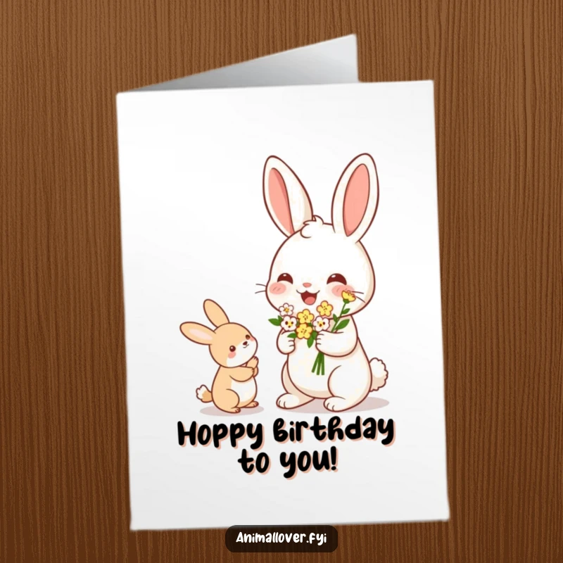 Funny Free Printable Rabbit Birthday Card: A cheerful rabbit offers a bouquet of tiny flowers for a happy birthday.