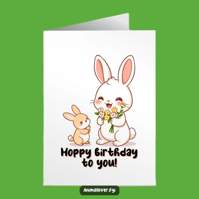 Free Printable Rabbit Birthday Card: Flower Offering Funny Downloadable Gift
