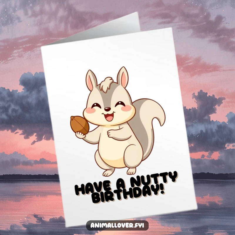 Funny Free Printable Birthday Card: Happy squirrel proudly offering a nut with a big, friendly smile.