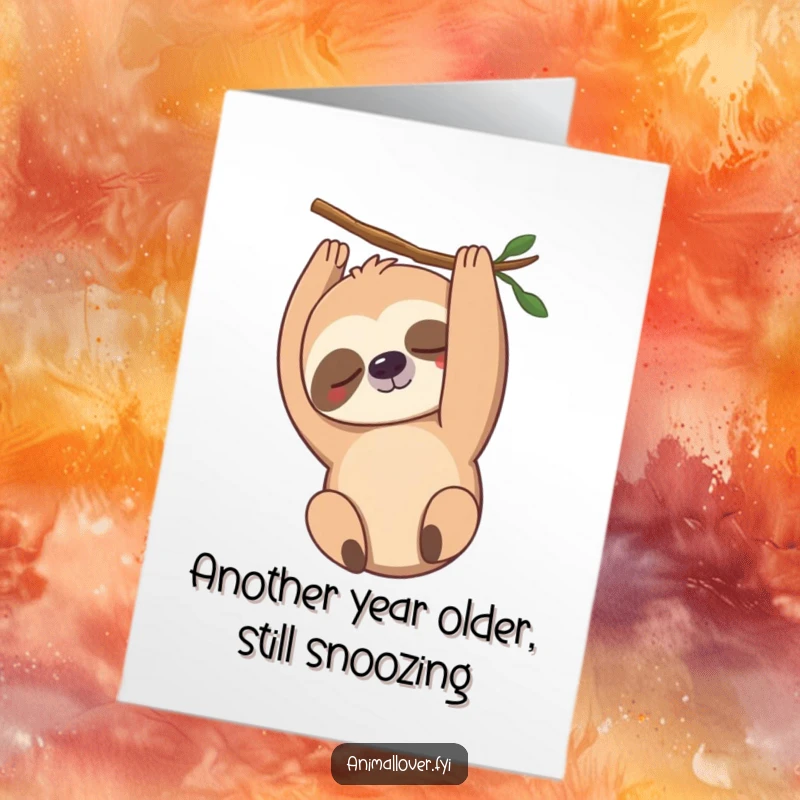 Funny Free Printable Birthday Card: A sleepy sloth hangs upside down smiling, wishing a very chill happy birthday.