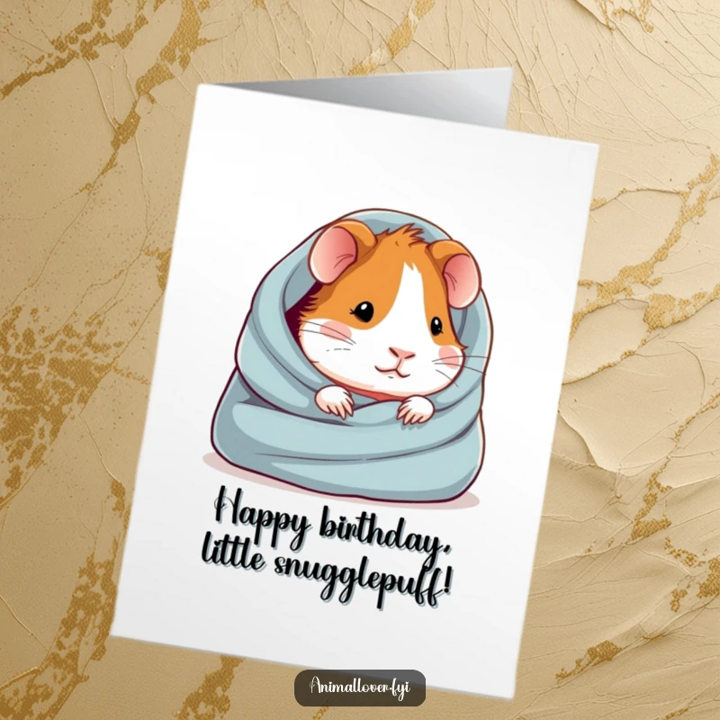Funny Free Printable Birthday Card: A contented guinea pig is snuggled deeply within a soft, fluffy blanket, looking peaceful.