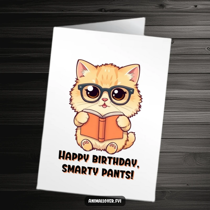 Funny Free Printable Birthday Card: A fluffy cat wearing glasses holding a book upside down, intellectual humor, downloadable gift.