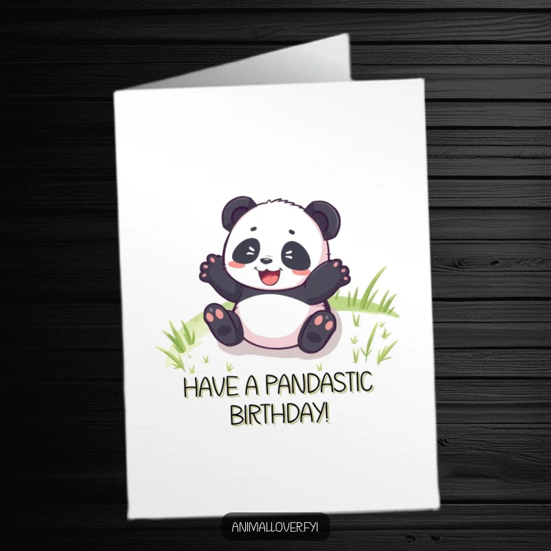 Funny Free Printable Birthday Card: Delighted panda cub rolling joyfully down a grassy hill, celebrating with pure happiness, downloadable.