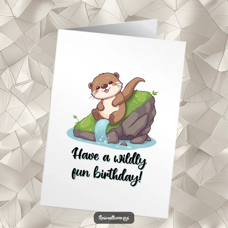 Funny Free Printable Birthday Card: A playful otter slides gleefully down a mossy rock.