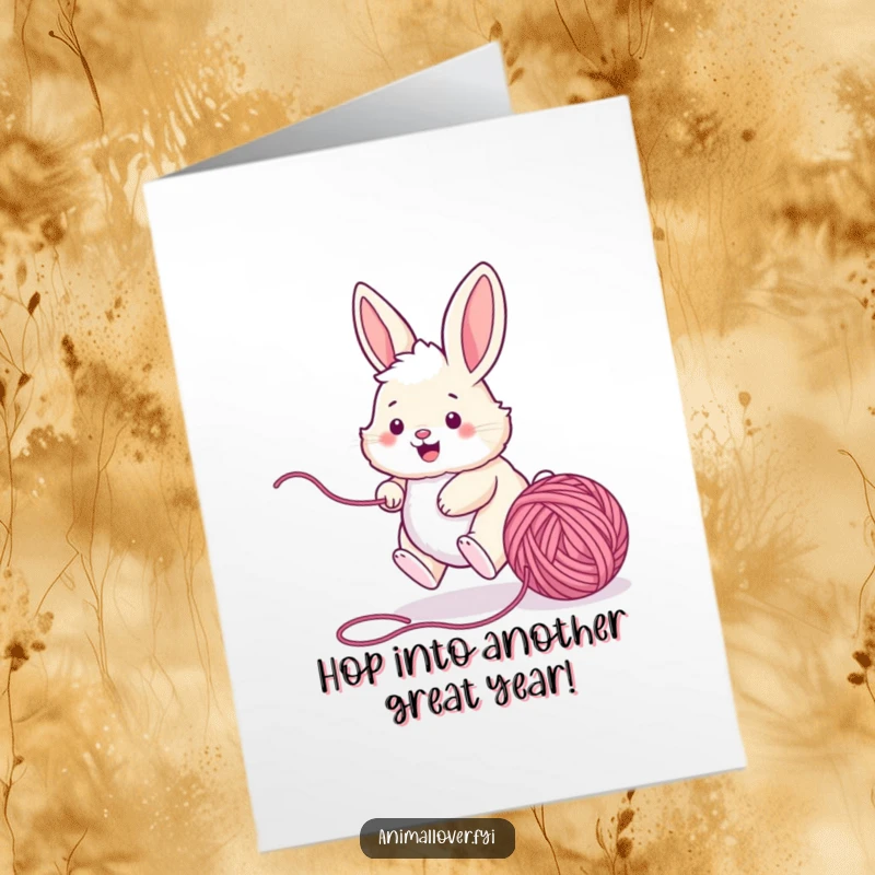 Funny Free Printable Birthday Card: Energetic bunny leaping after a runaway ball of yarn, pure playful chaos.
