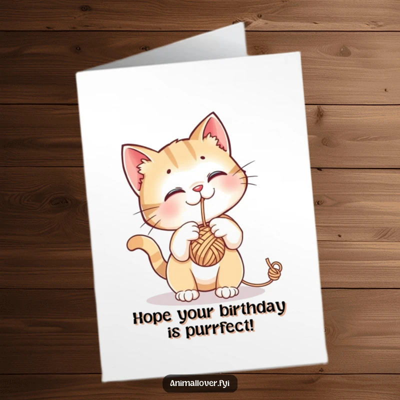 Funny Free Printable Birthday Card: A curious cat playfully bats at a dangling yarn ball, ready for birthday mischief.