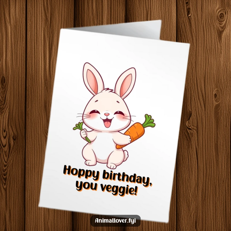 Funny Free Printable Birthday Card: A joyful rabbit giggles happily while holding a giant carrot, celebrating their birthday.