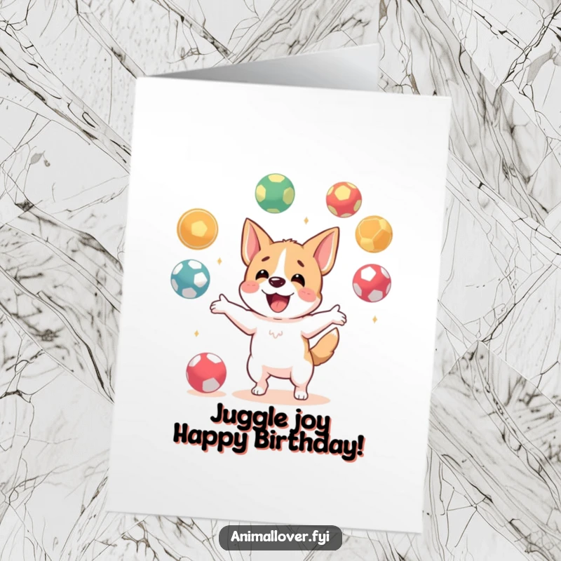 Funny Free Printable Dog Birthday Card, happy dog character enthusiastically juggling many colorful balls, conveying excitement.