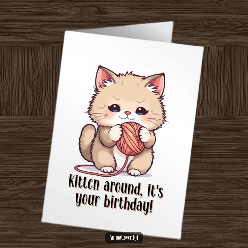 Funny Free Printable Birthday Card: Fluffy cat with yarn, looking playful and mischievous, ready to celebrate.