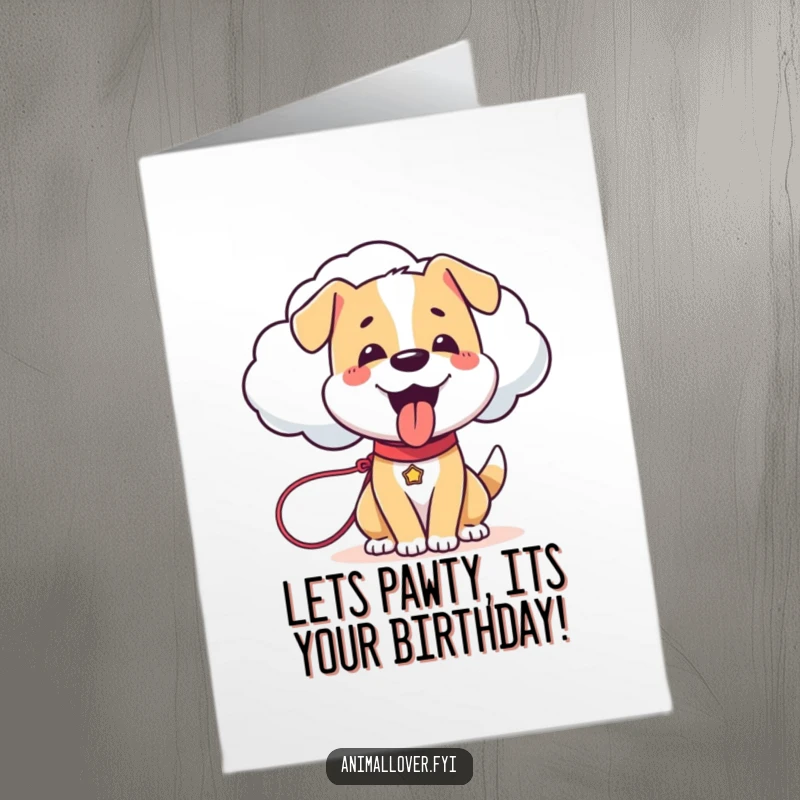 Funny Free Printable Dog Birthday Card: A happy dog joyfully walks a sentient cloud on a leash for a birthday.