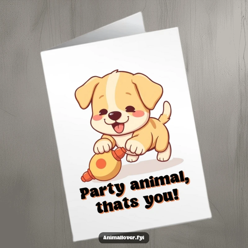 Funny Free Printable Birthday Card: An excited puppy with a wagging tail joyfully pounces on a squeaky toy.
