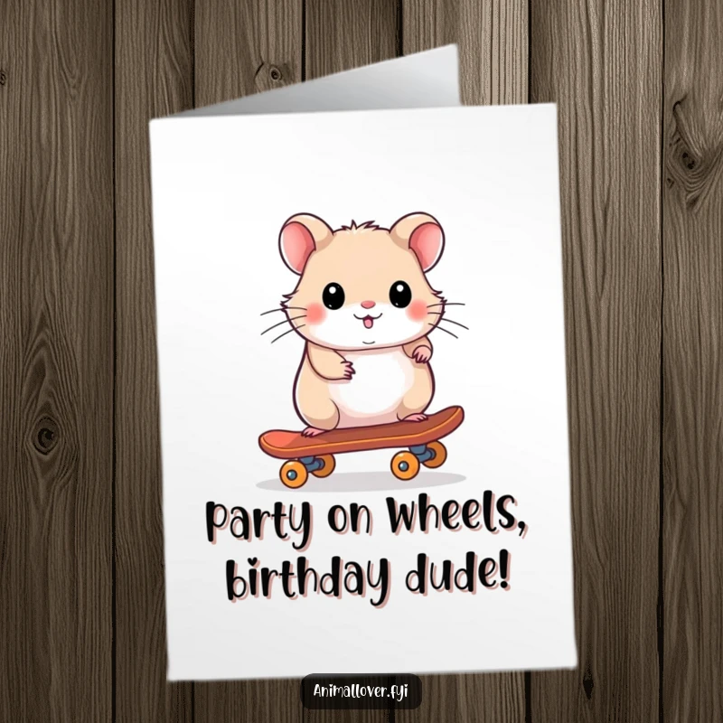 Funny Free Printable Birthday Card: A playful hamster rides a tiny skateboard with a cool attitude for a birthday.