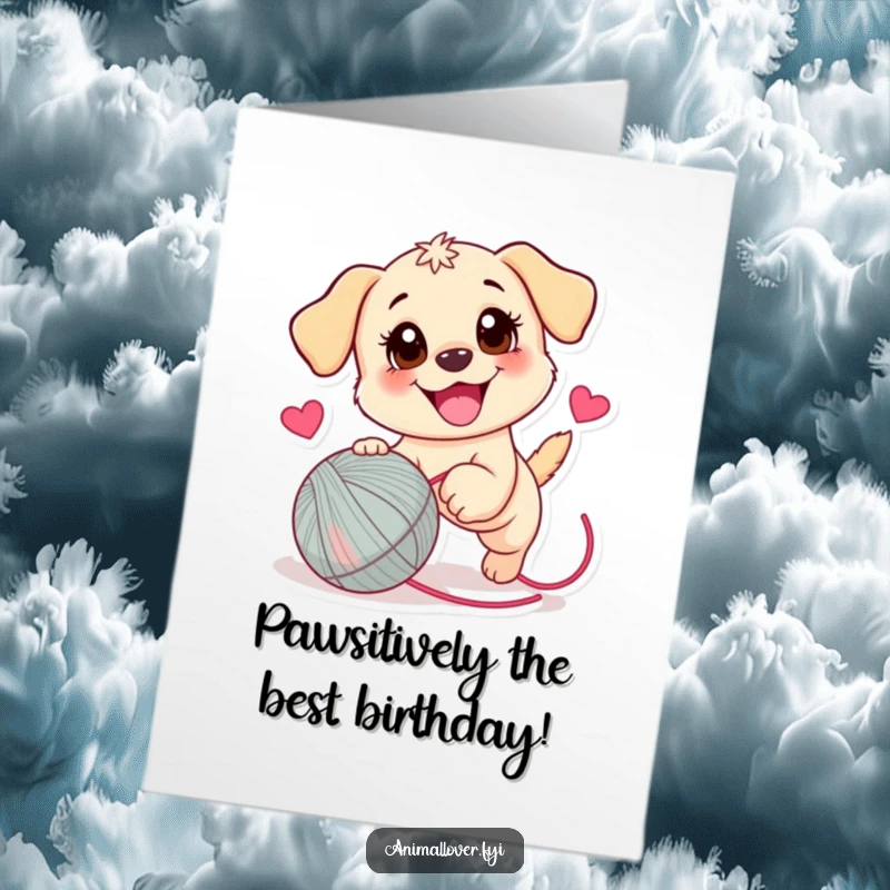 Funny Free Printable Puppy Birthday Card: Energetic pup joyfully chases a heart-adorned yarn ball, ready to celebrate.