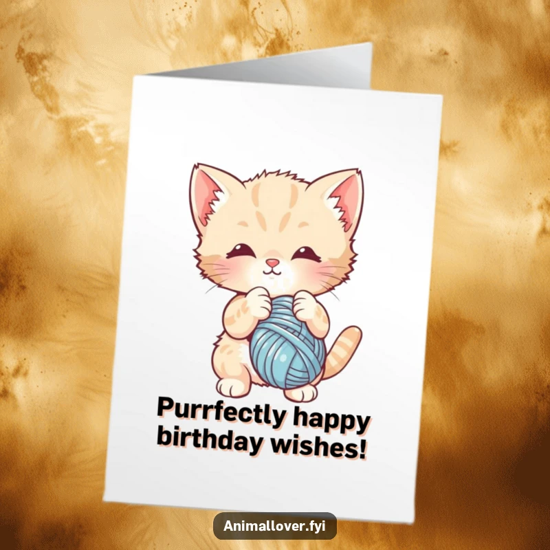 Funny Free Printable Birthday Card: A cute kitten playfully batting at a dangling yarn ball, wishing you a happy birthday.