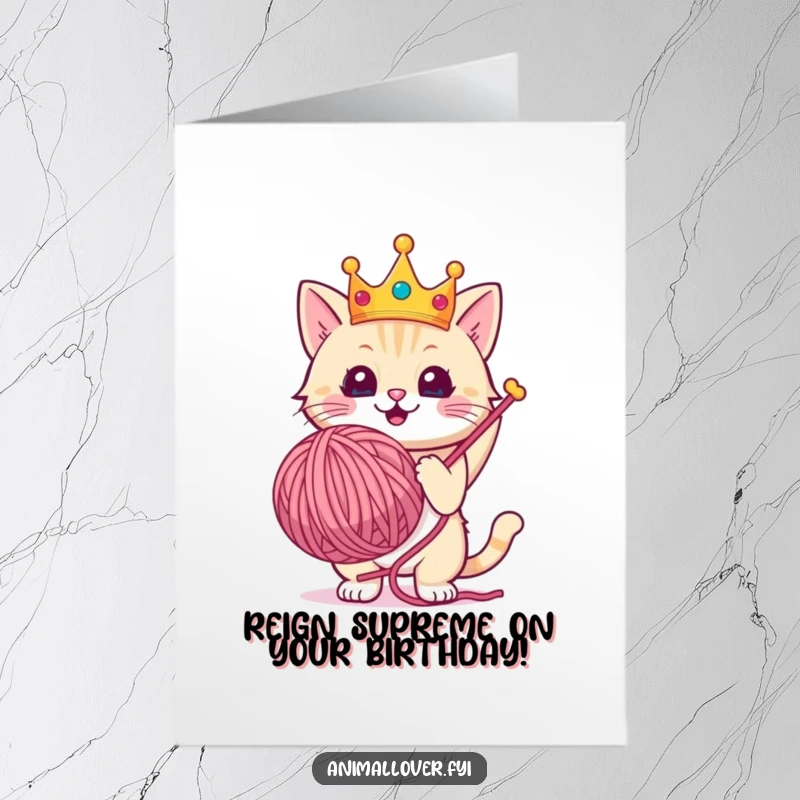 Funny Free Printable Birthday Card featuring a cute cat wearing a crown, triumphantly holding a giant yarn ball, celebrating royalty.