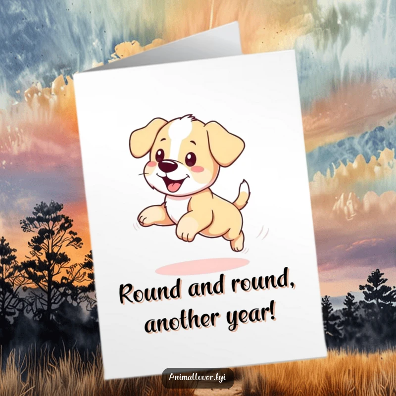 Funny Free Printable Birthday Card: A happy puppy hilariously chasing its own tail in endless circles.