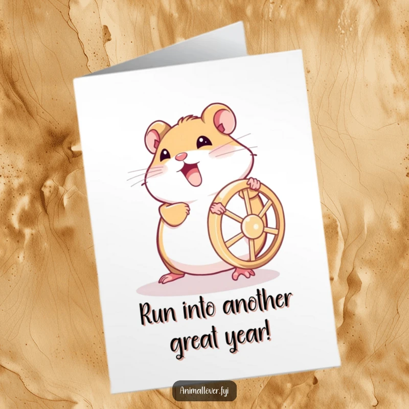 Funny Free Printable Birthday Card: A joyful hamster straining to push its tiny wheel with maximum effort.