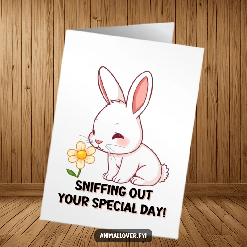 Cute Free Printable Birthday Card: A curious rabbit with a twitching nose intently sniffing a vibrant flower.