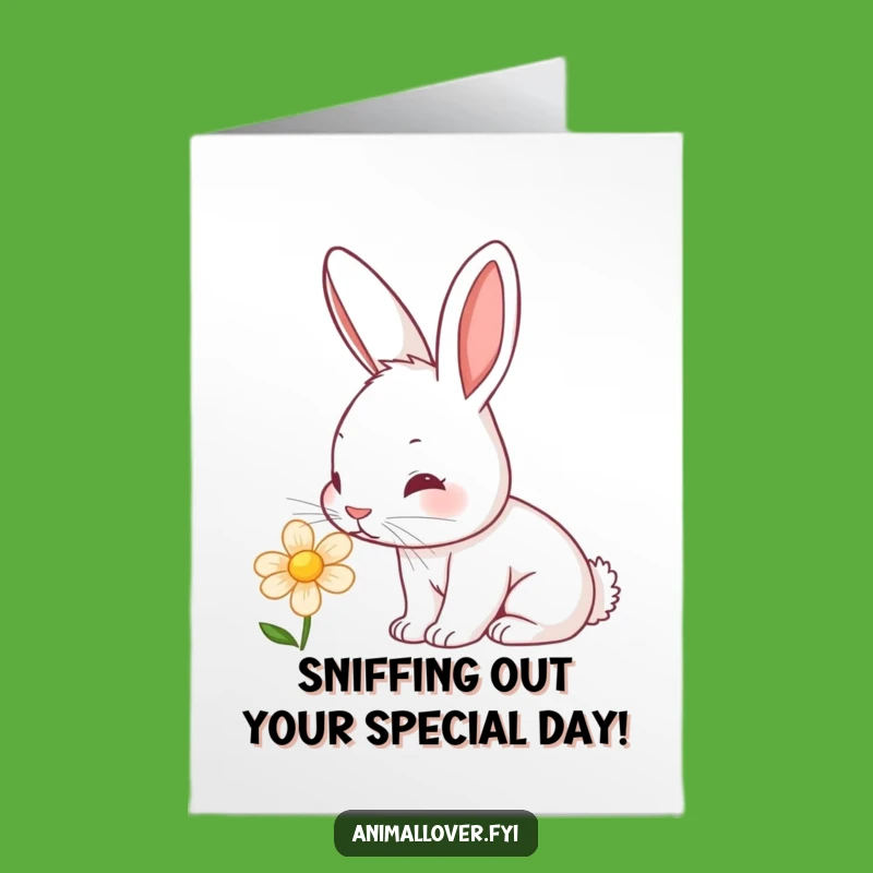 Free Printable Birthday Card: Curious Rabbit Sniffing Flower - Cute Downloadable Gift