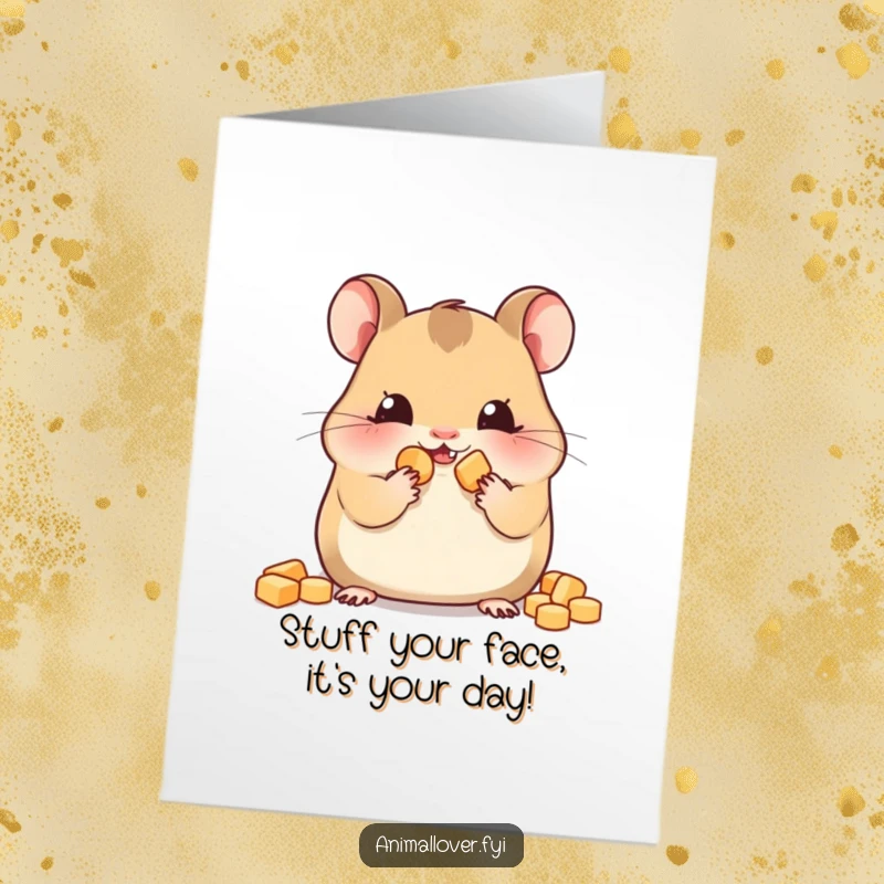 Funny Free Printable Birthday Card: A content hamster with impossibly stuffed cheeks, happily munching on tiny snacks.