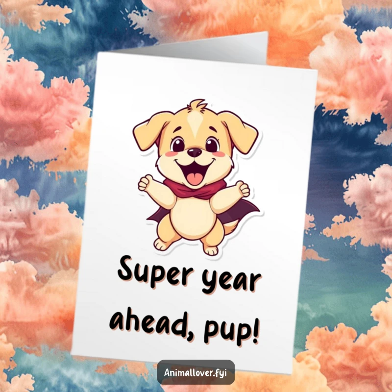 Funny Free Printable birthday card: An energetic puppy in a red superhero cape soars through the air, ready to deliver birthday wishes.