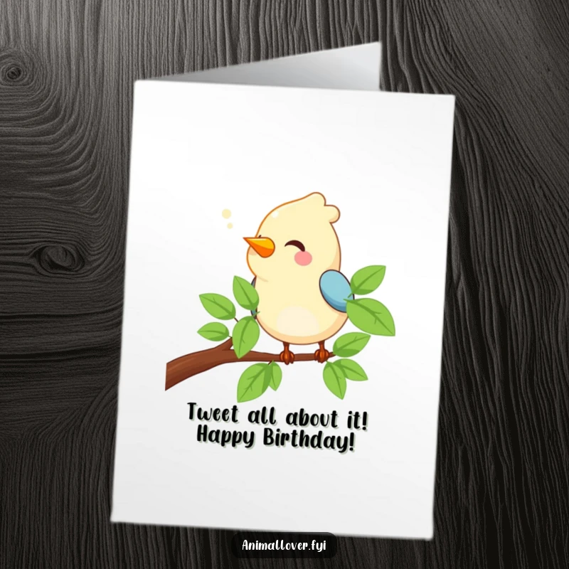 Free Printable Birthday Card: A happy bird sings sweetly while perched on a branch, spreading birthday cheer. Charming download.