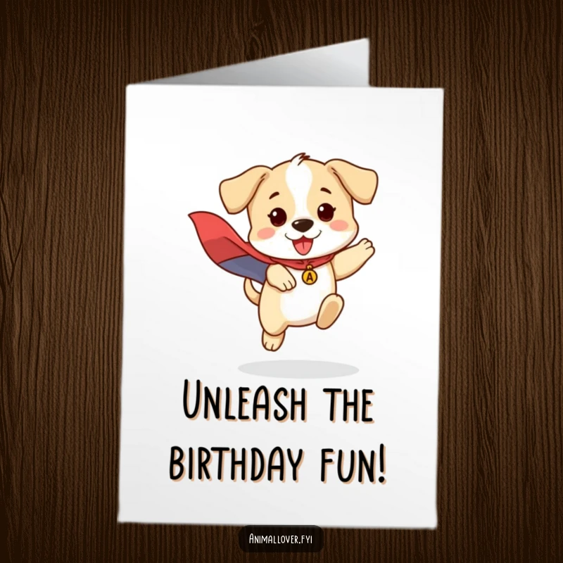 Funny Free Printable Birthday Card: Brave puppy in a cape, heroically jumping with joy and excitement.