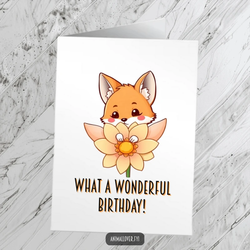 Funny Free Printable Birthday Card: Curious fox peeking from behind a large, colorful flower on a birthday.